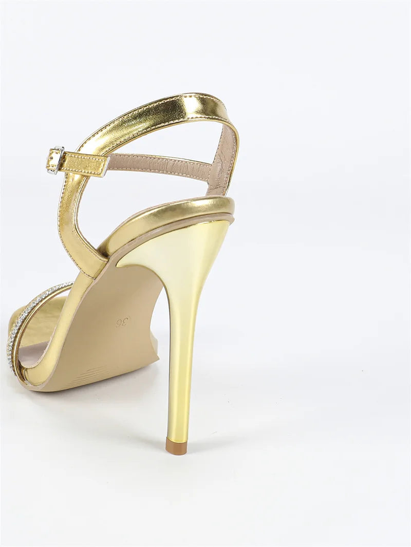 Sandálias com Biqueira Quadrada, Cristais, Estilo Street, Tira com Fivela, Salto Alto Fino, Sapatos Elegantes