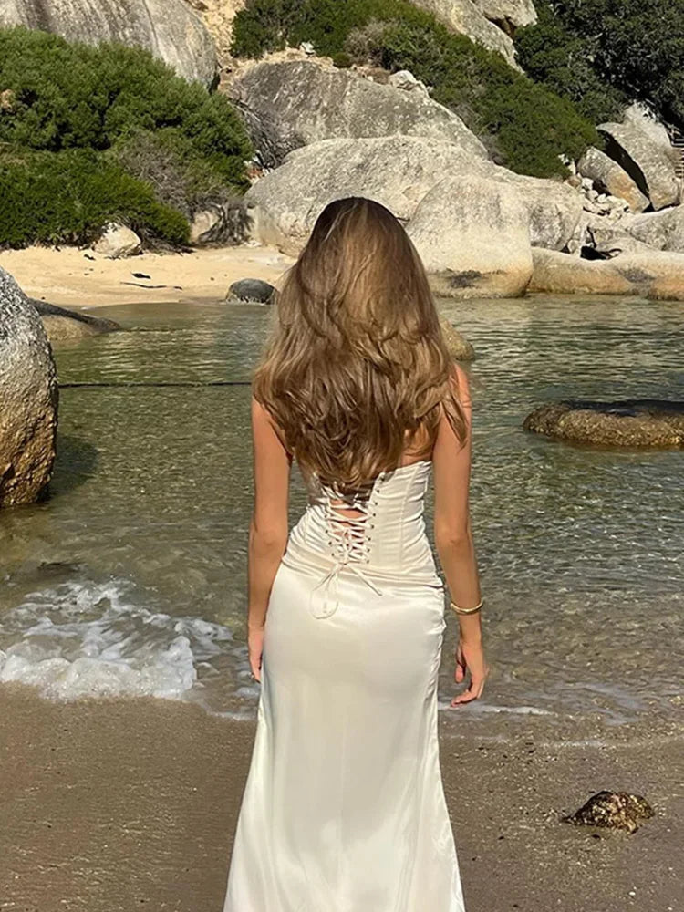 Vestido Longo (Maxi) Elegante, Liso, Sem Alças, Ajuste Slim