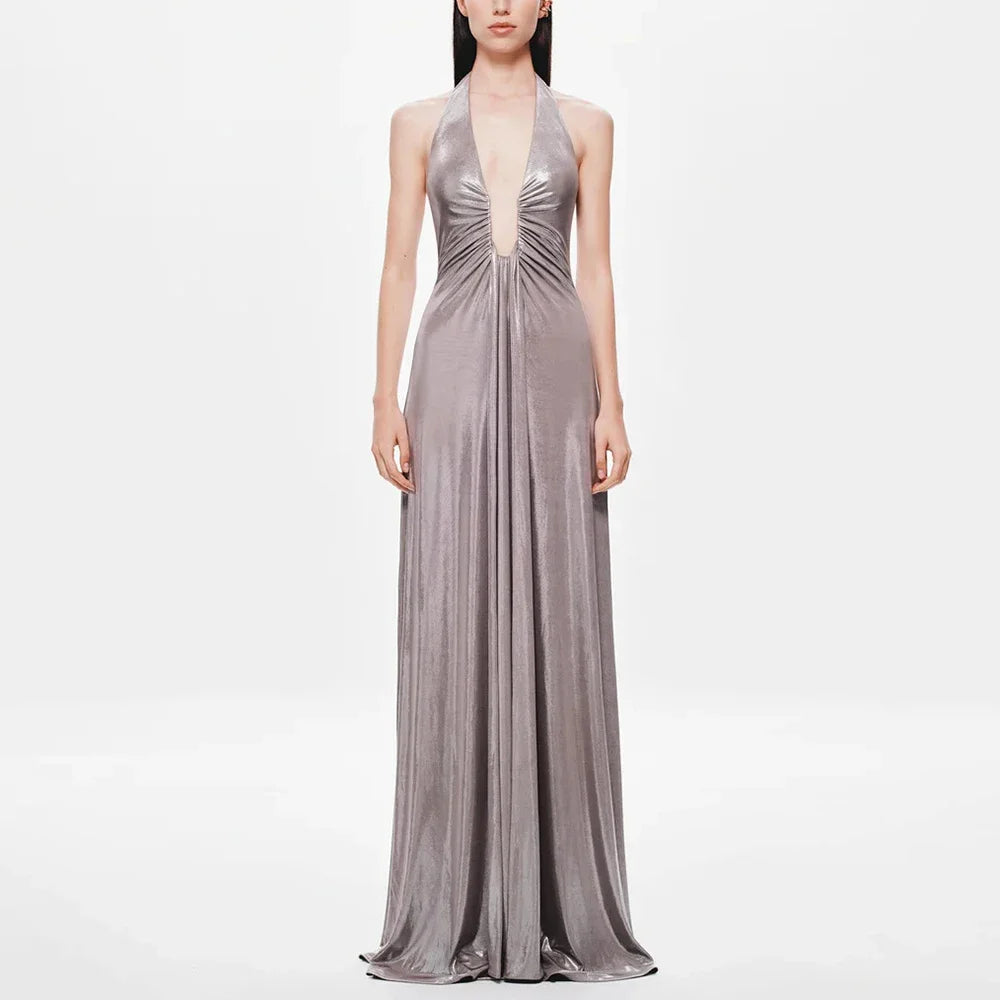 Vestido Longo Elegante e Sexy, Decote Profundo em V