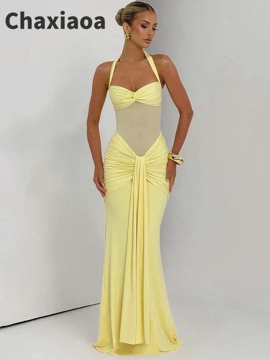 Vestido Sexy, Longo, Estilo Halter, Sem Costas, Justo ao Corpo
