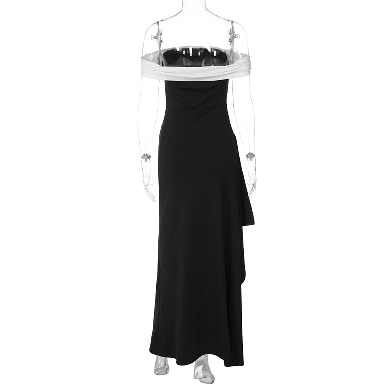 Vestido comprido sem alças, com drapeado e franzido lateral, elegante