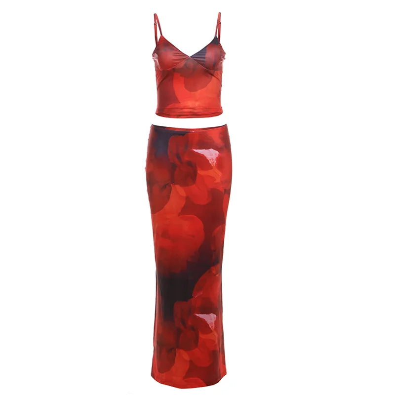 Conjunto de 2 Peças Florido, Estilo Praia, Elegante, Top com Decote em V + Saia Maxi