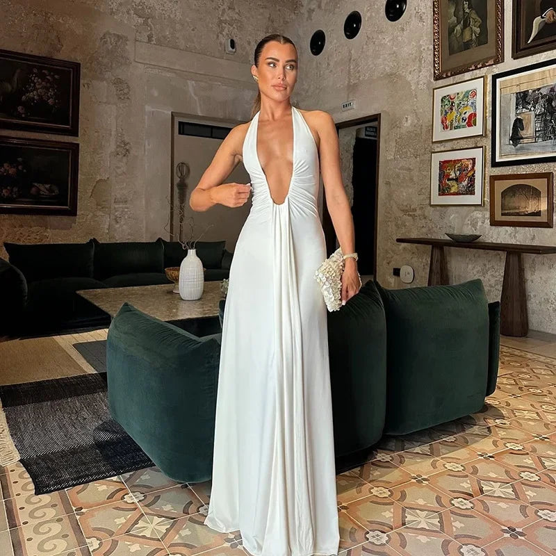 Vestido Longo Elegante e Sexy, Decote Profundo em V