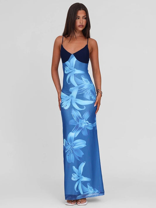Vestido Longo, Justo ao Corpo, Elegante, Estampa Floral, Sem Mangas, Decote em V, Sem Costas