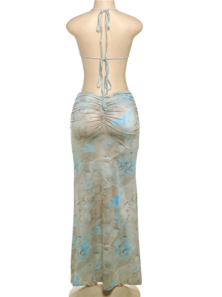 Vestido Sexy, Maxi Justo, Estilo Praia, Franzido Vazado