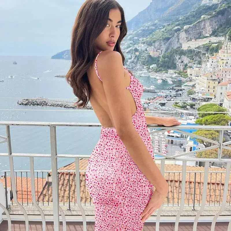 Vestido Longo Floral com Alças Finas, Sem Costas, Estilo Sexy