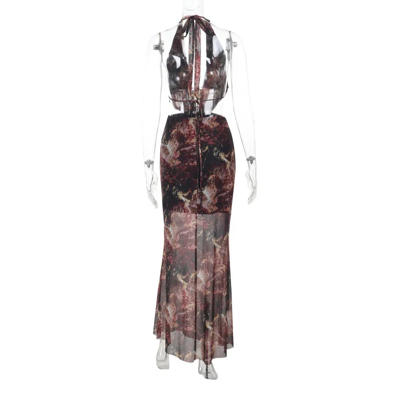 Vestido Estampado, Sexy, com Decote Profundo em V, Alças ao Pescoço