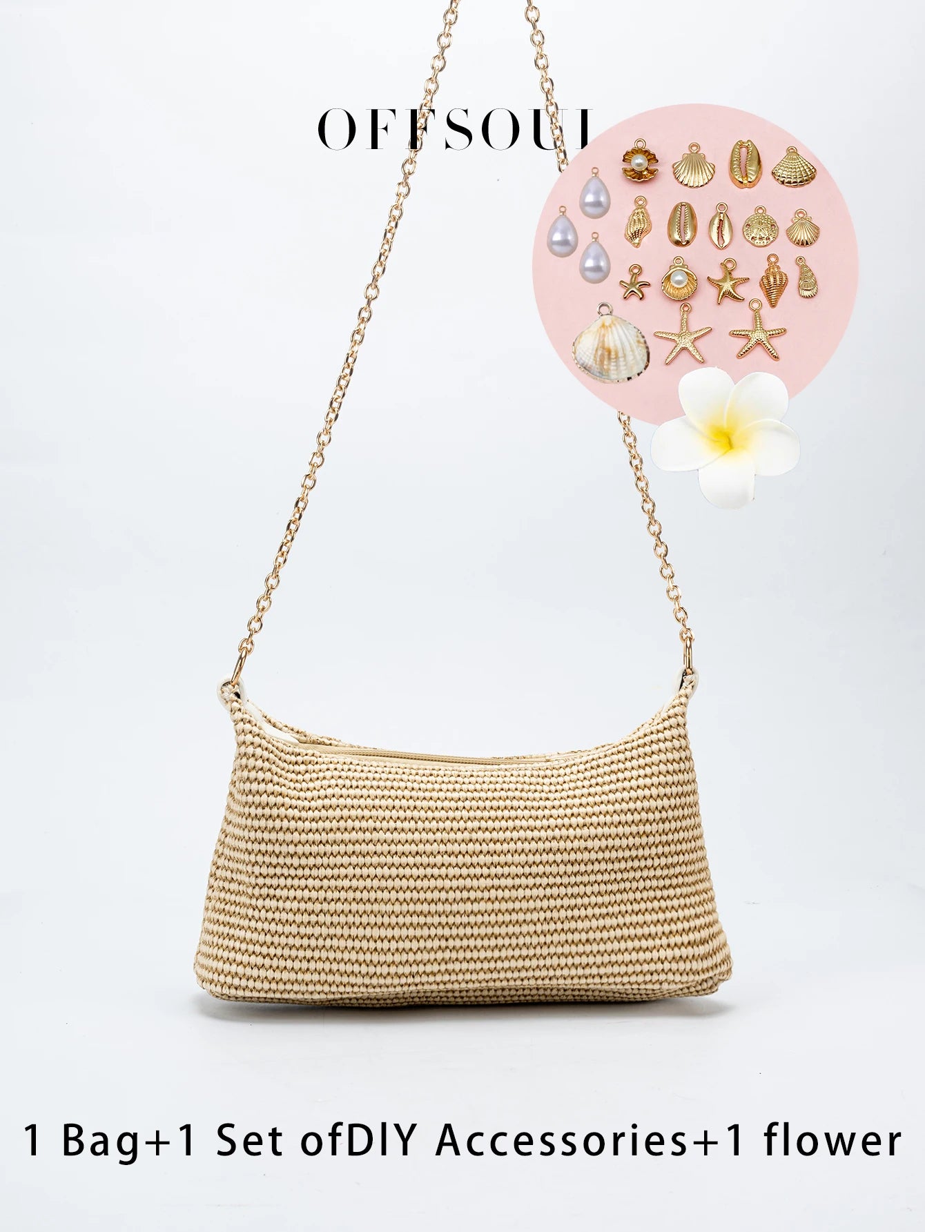 Bolsa de praia artesanal de conchas com alça única.