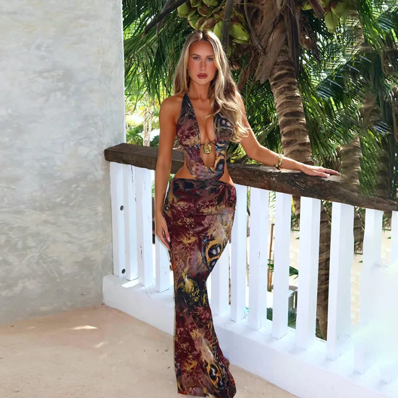 Vestido Estampado, Sexy, com Decote Profundo em V, Alças ao Pescoço