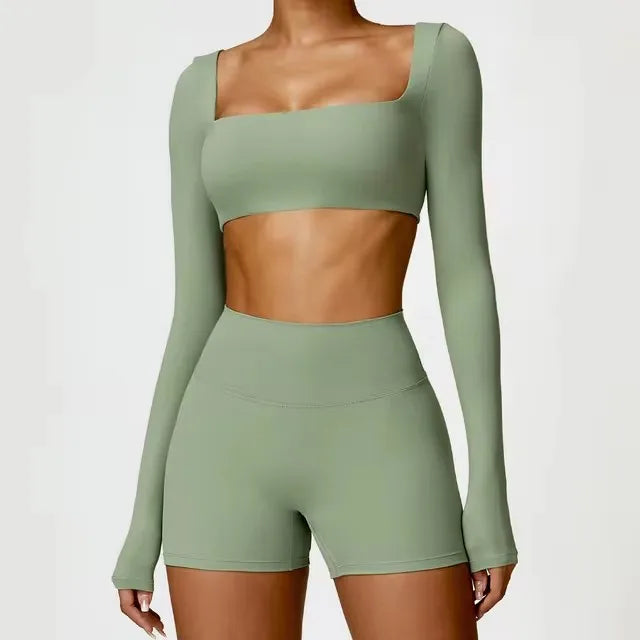 Fato de Treino  2 Peças com Leggings de Ginásio, Top Curto de Manga Comprida