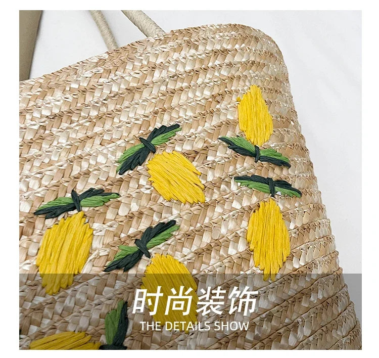 Bolsa de ombro de palha cor sólida com bordado de frutas