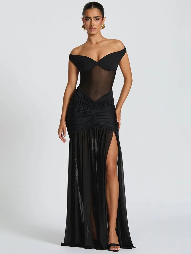Vestido Longo Sexy e Elegante, com Ombros Descobertos, Sem Costas, com Alças ao Pescoço