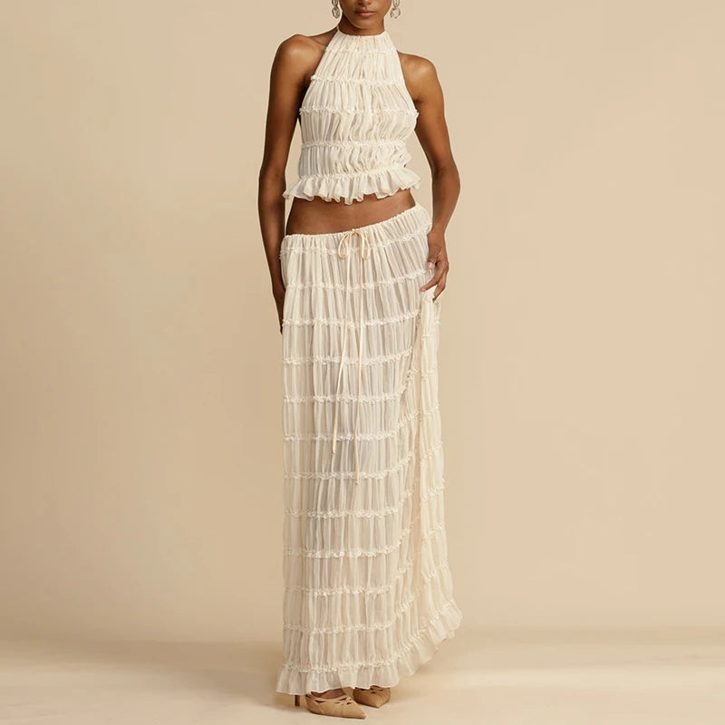 Conjunto 2 Peças, Sem Costas, Estilo Vintage, Top com Franzidos + Saia Longa Maxi
