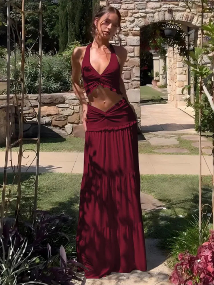 Conjunto Sexy de 2 Peças, Saia Lisa e Longa, Top Curto,Estilo Verão