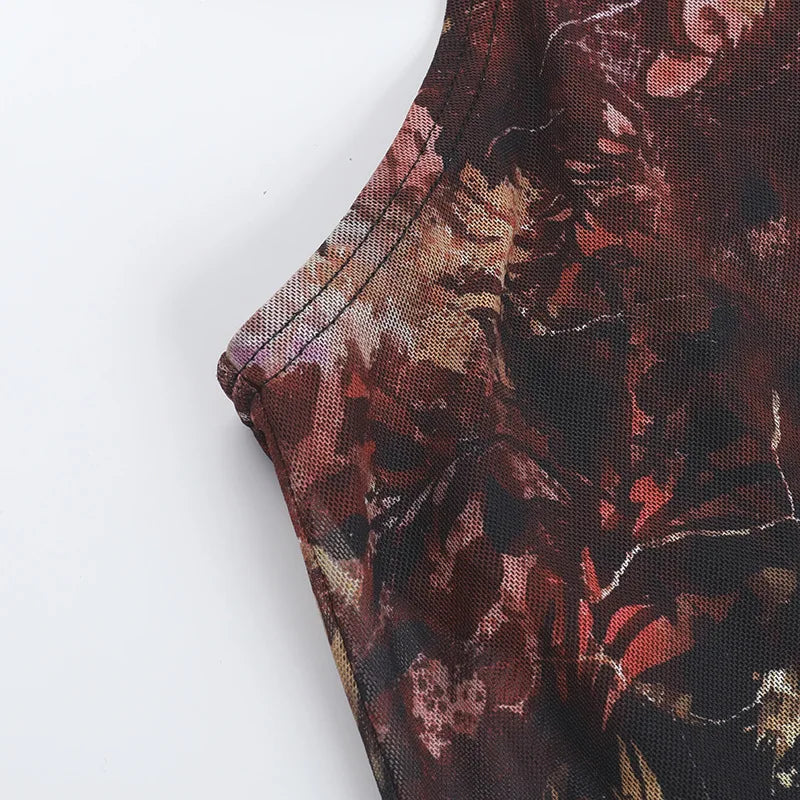 Vestido Estampado, Sexy, com Decote Profundo em V, Alças ao Pescoço