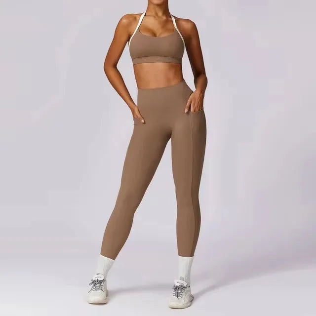 Conjunto de 2 Peças para Ginásio, Sem Costas, com Leggings de Corrida, Top de Fitness