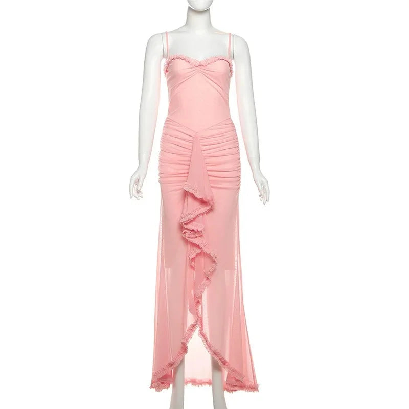 Vestido Longo Elegante, com alças Finas, Barra de Renda, Decote em V