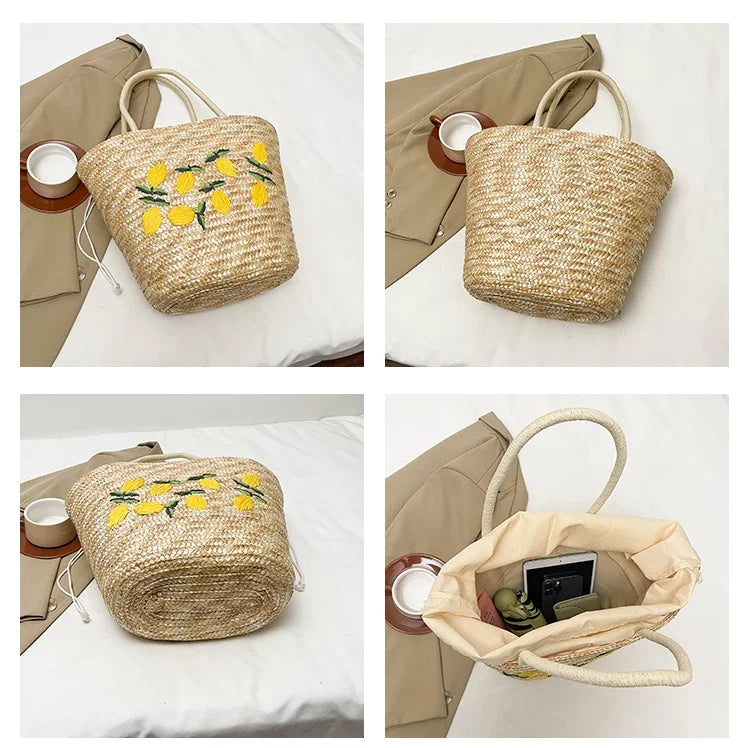 Bolsa de ombro de palha cor sólida com bordado de frutas