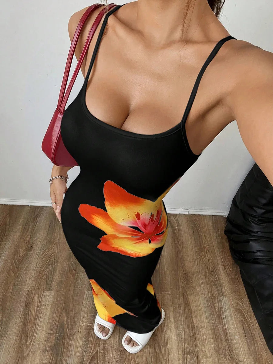 Vestidos compridos sexy com alças e justo Floral
