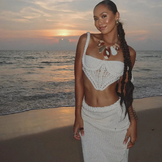 Conjunto de Praia, Top de Biquíni e Saia de Croché, Sexy, Sem Costas, Saia Longa