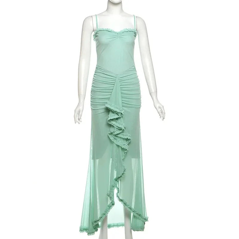 Vestido Longo Elegante, com alças Finas, Barra de Renda, Decote em V