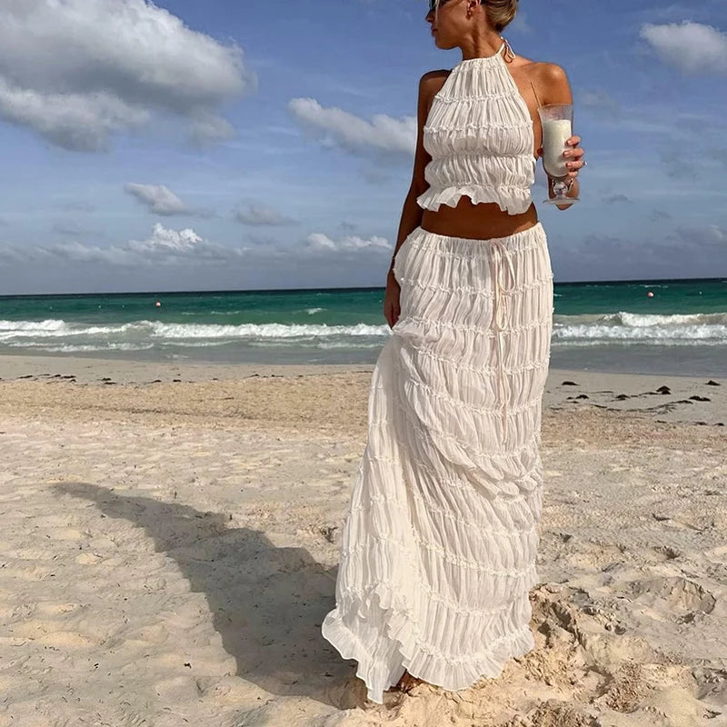 Conjunto 2 Peças, Sem Costas, Estilo Vintage, Top com Franzidos + Saia Longa Maxi