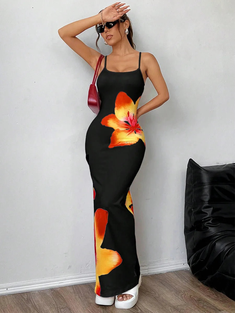 Vestidos compridos sexy com alças e justo Floral