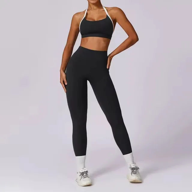 Conjunto de 2 Peças para Ginásio, Sem Costas, com Leggings de Corrida, Top de Fitness