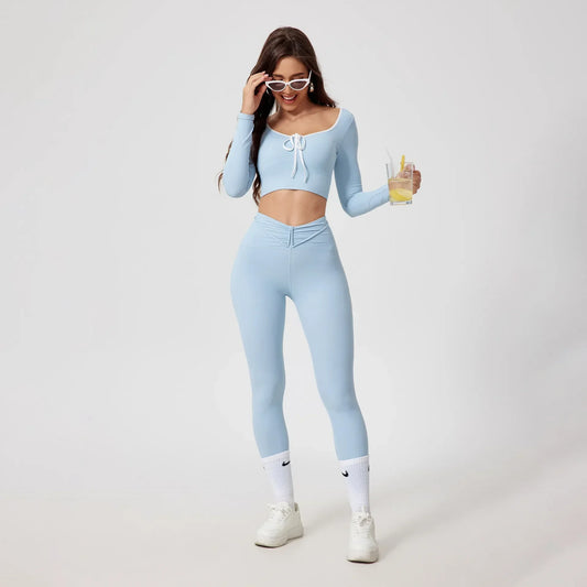 Conjunto de Yoga Sem Costuras Desportivo Calça e Blusa de Manga