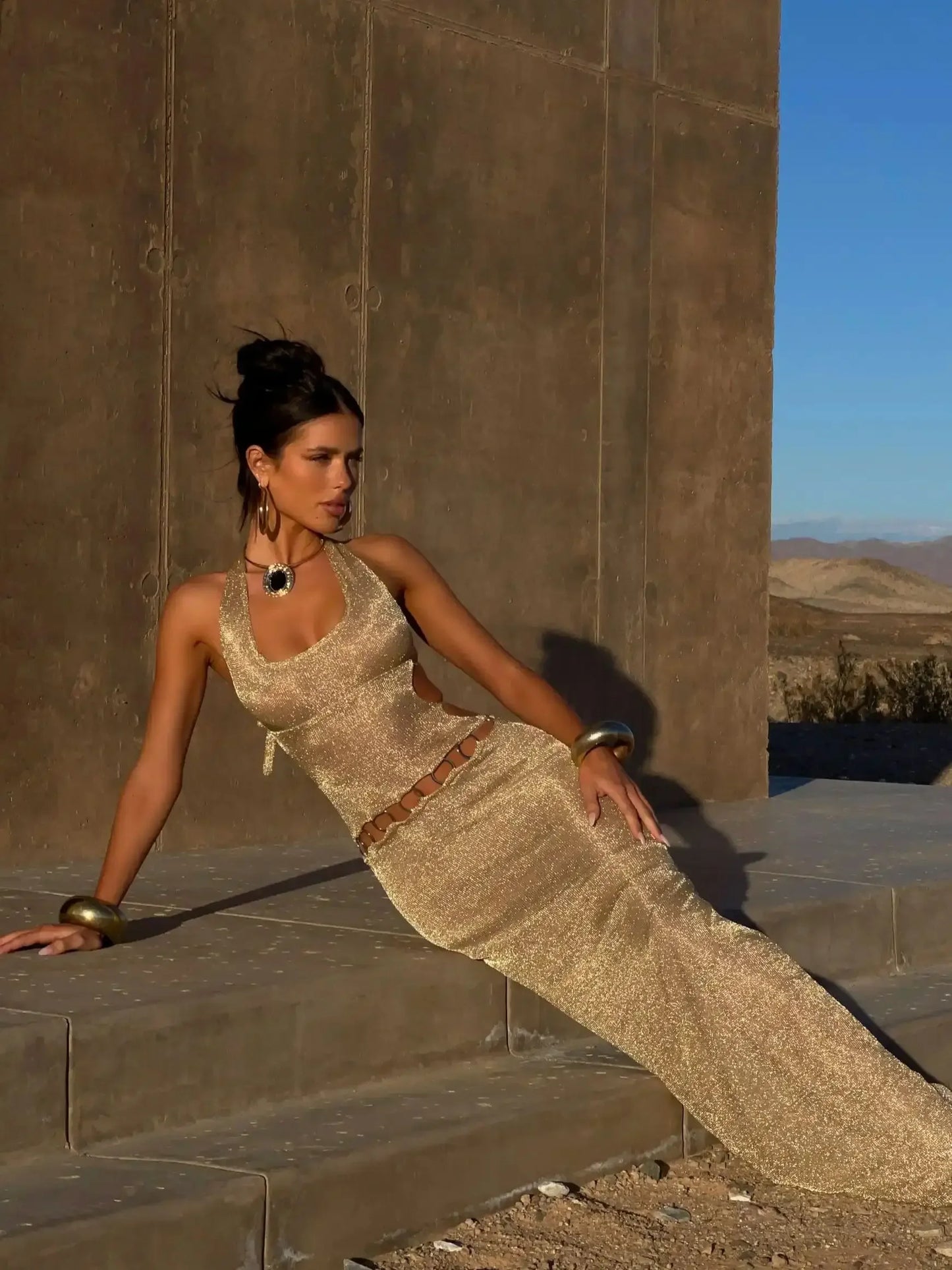 Vestido Longo Justo, Sem Mangas, Decote em U, Com Laços, Fashion, Estilo Praia