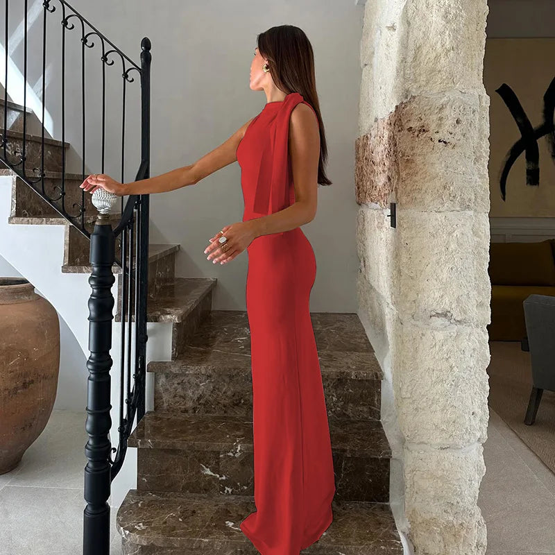 Vestido Longo e Justo, com Decote Redondo, Sem Mangas, Sexy e Elegante