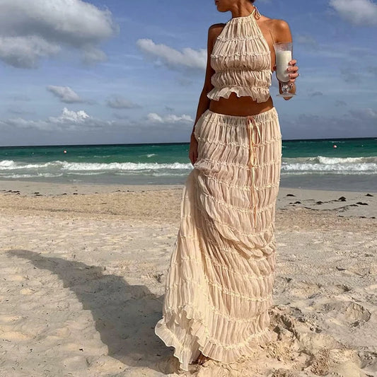 Conjunto 2 Peças, Sem Costas, Estilo Vintage, Top com Franzidos + Saia Longa Maxi