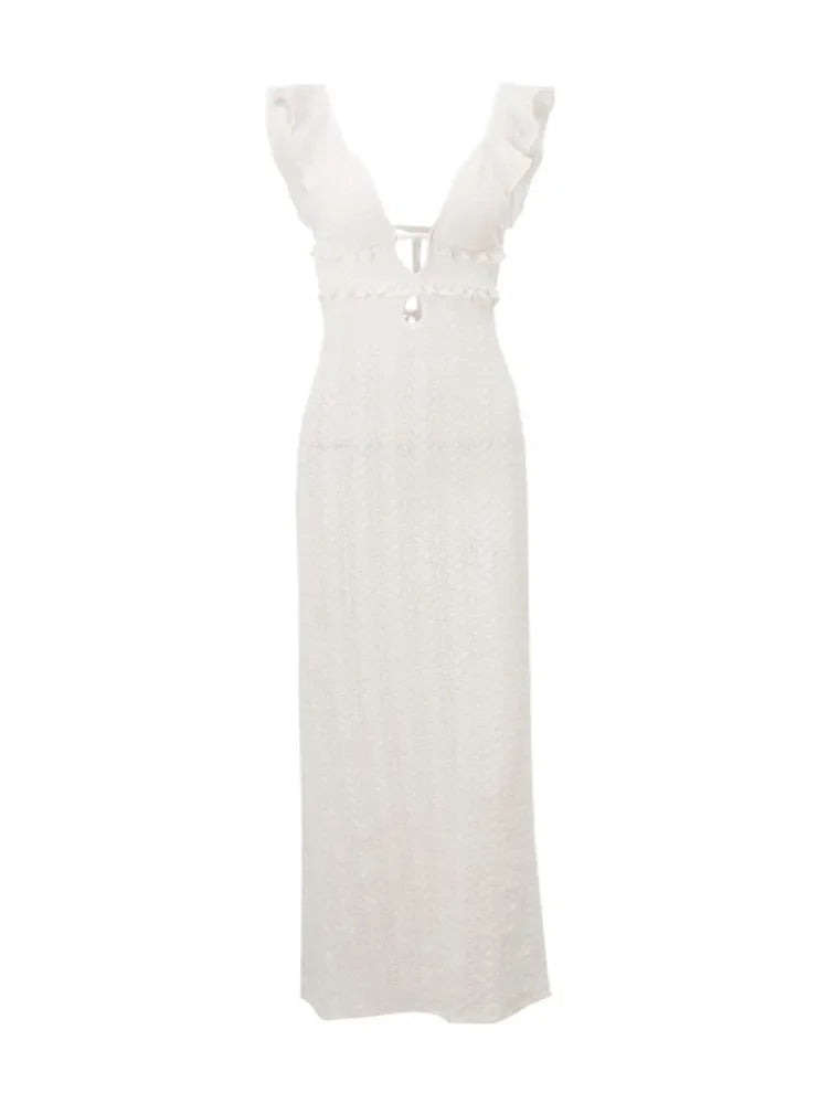 Vestido Longo Sexy , Decote Profundo em V, Sem Mangas, Transparente, Cintura Alta