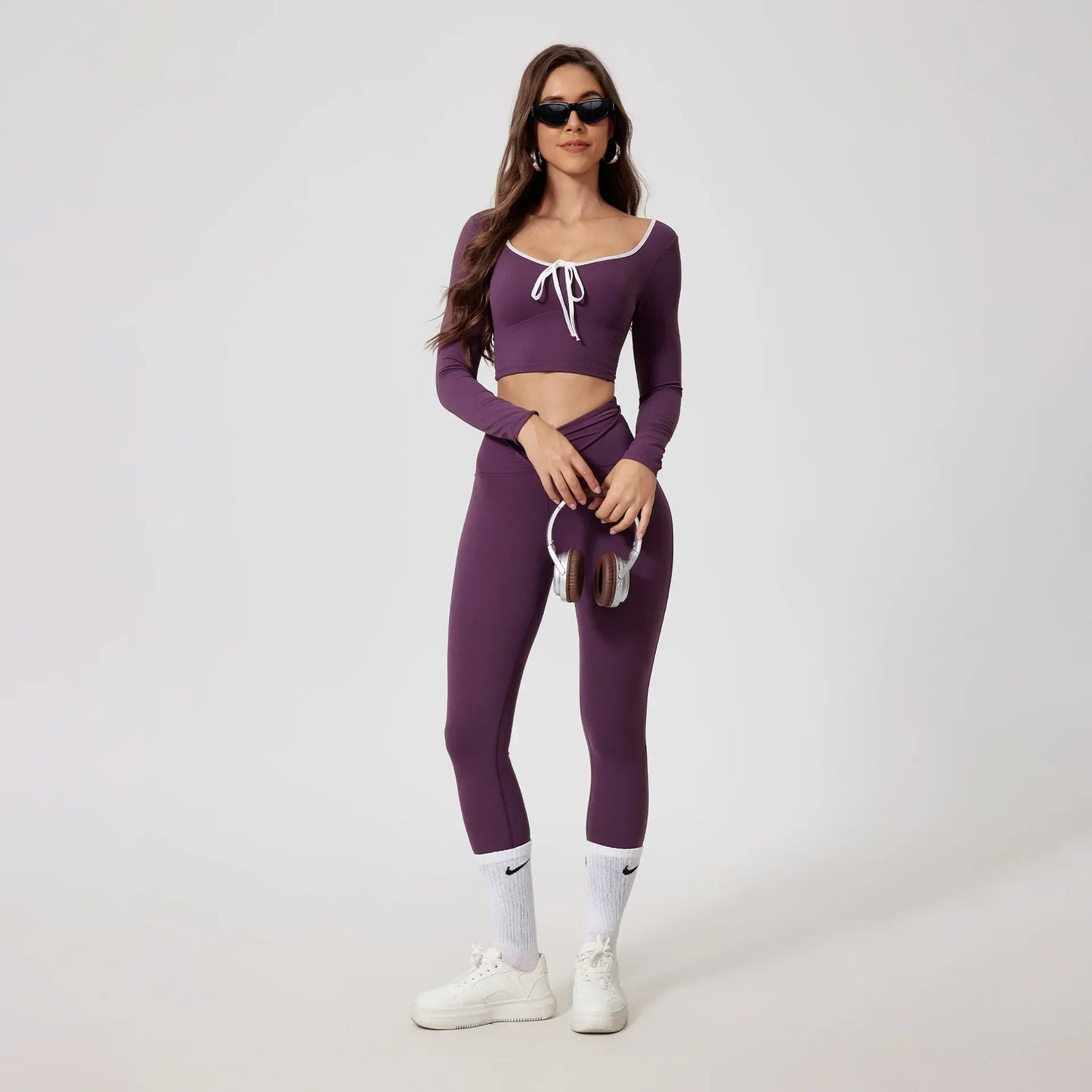 Conjunto de Yoga Sem Costuras Desportivo Calça e Blusa de Manga