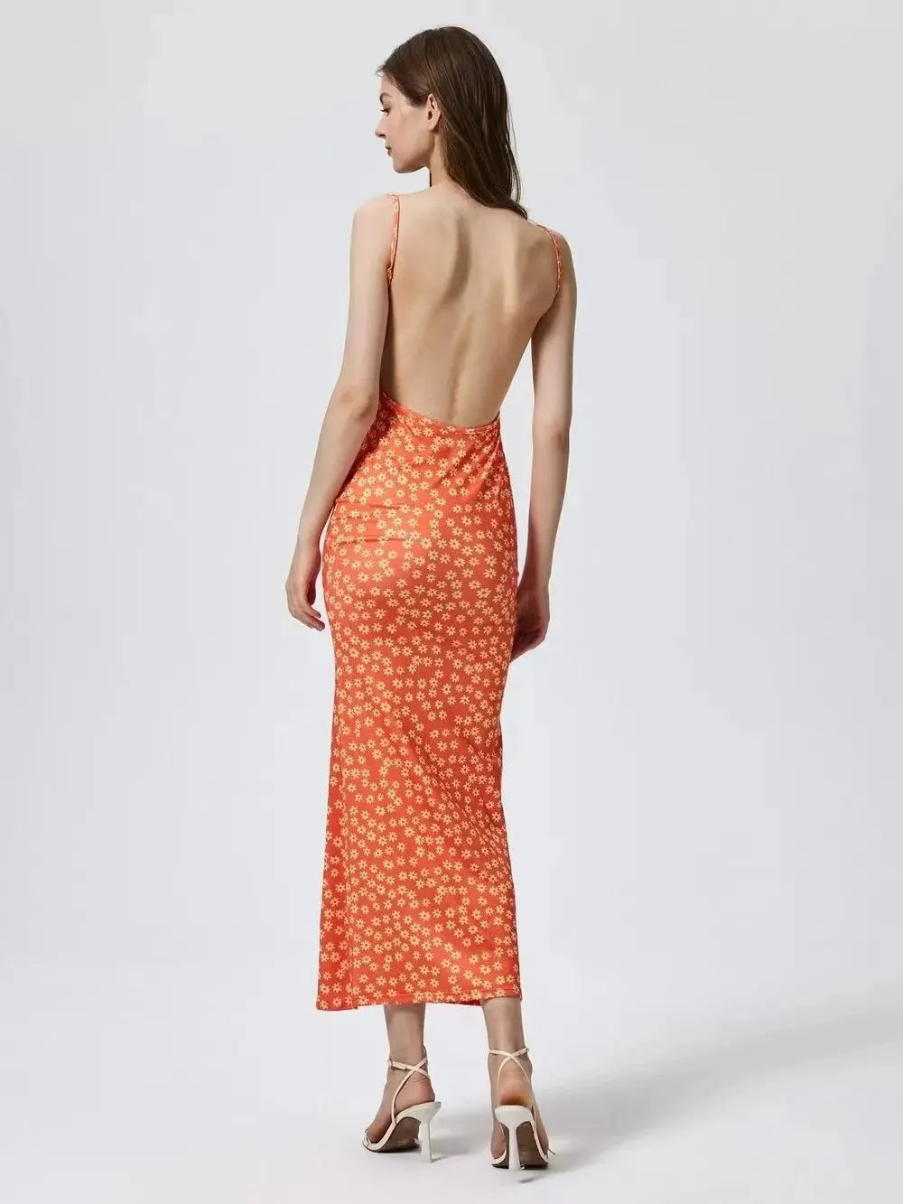 Vestido Longo Floral com Alças Finas, Sem Costas, Estilo Sexy
