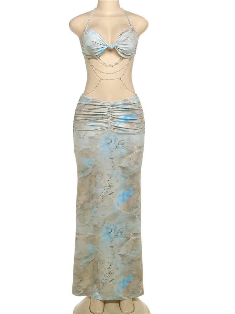 Vestido Sexy, Maxi Justo, Estilo Praia, Franzido Vazado