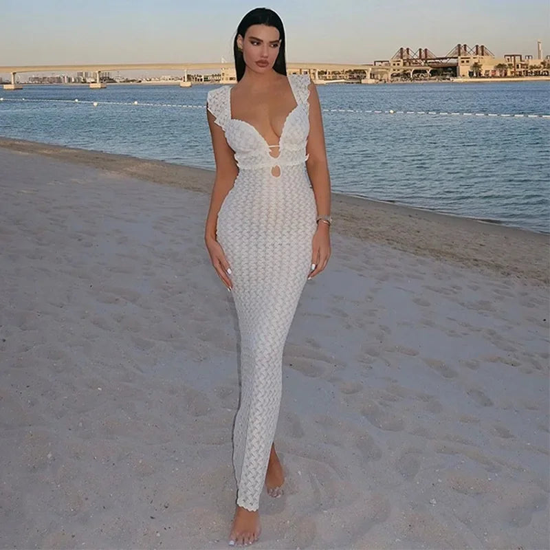 Vestido Longo Sexy , Decote Profundo em V, Sem Mangas, Transparente, Cintura Alta
