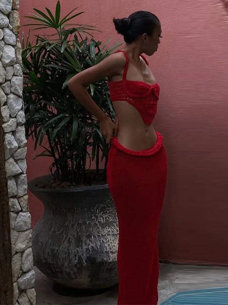 Conjunto de Praia, Top de Biquíni e Saia de Croché, Sexy, Sem Costas, Saia Longa