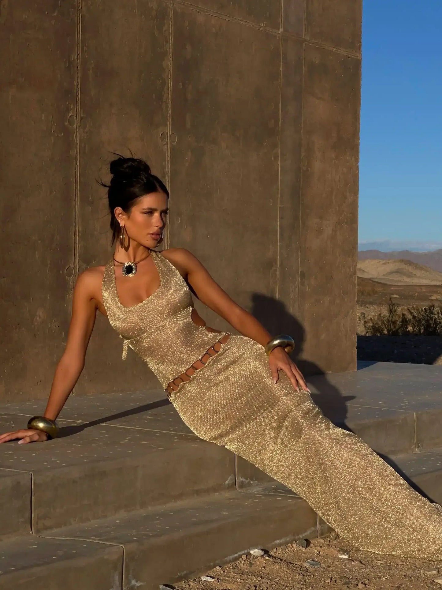 Vestido Longo Justo, Sem Mangas, Decote em U, Com Laços, Fashion, Estilo Praia