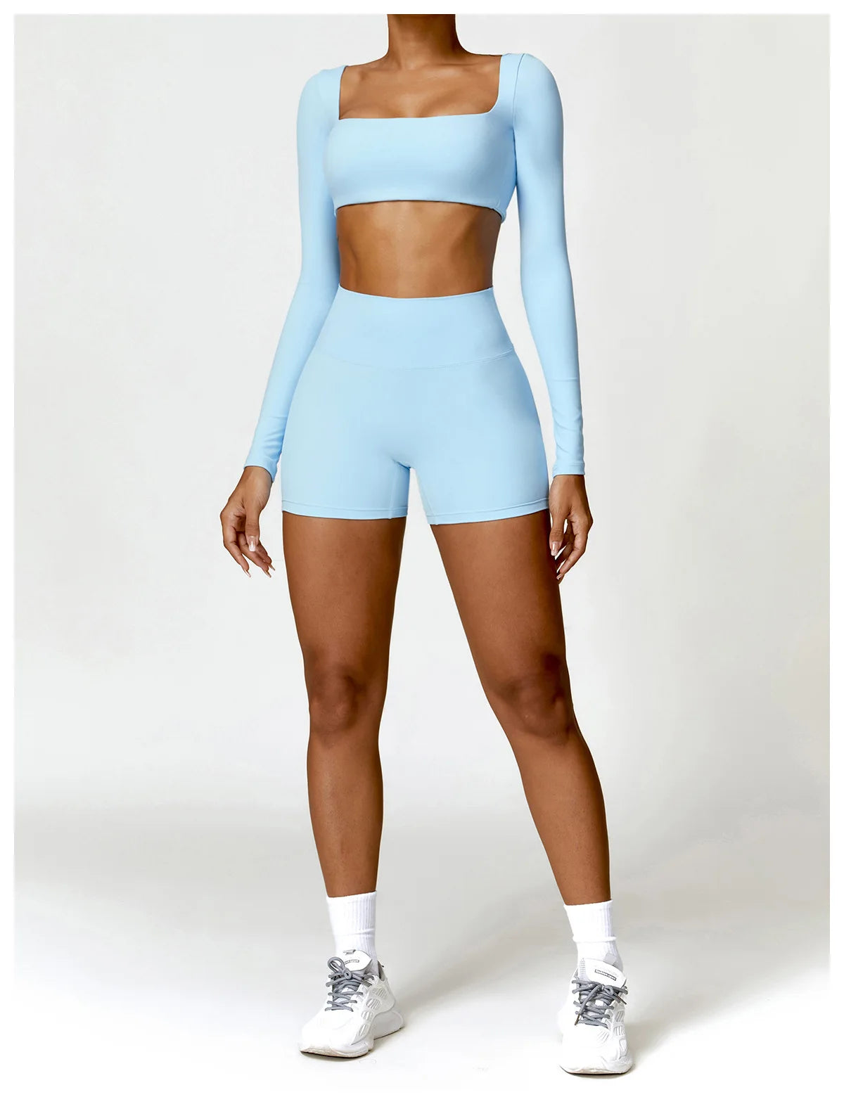 Fato de Treino  2 Peças com Leggings de Ginásio, Top Curto de Manga Comprida